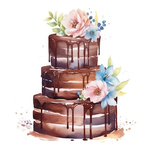 May include: A three-tiered chocolate cake decorated with chocolate frosting and drizzled with chocolate. The cake is topped with pink and blue flowers.