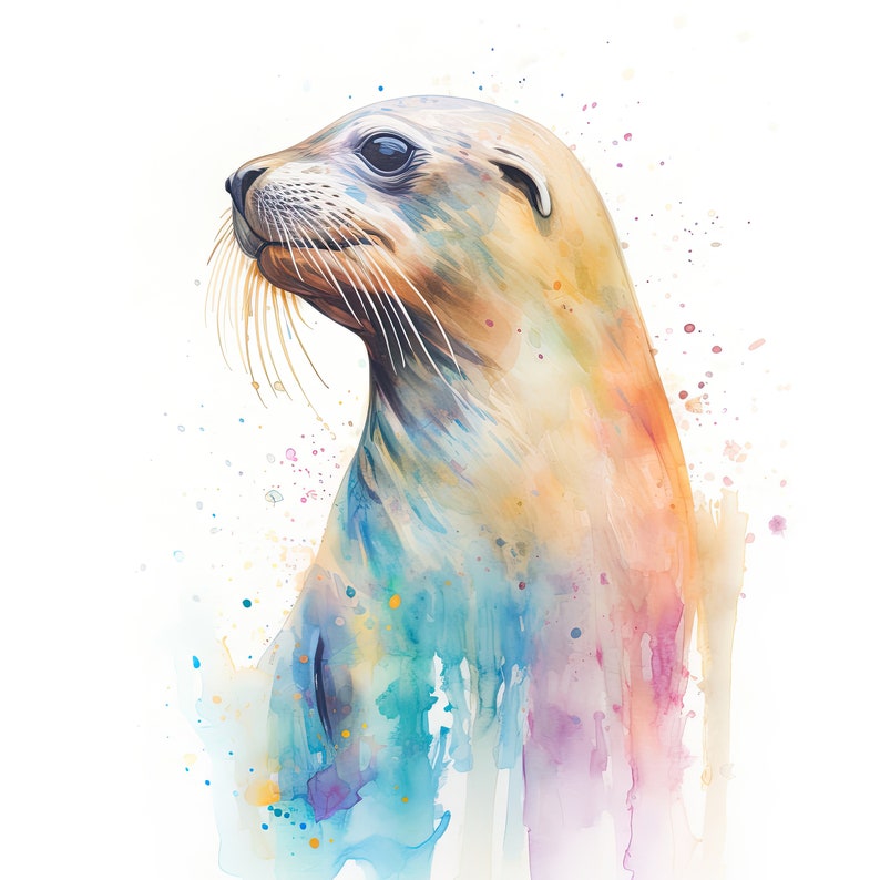 May include: A watercolour painting of a sea lion with a calm expression. The sea lion's fur is a mix of beige and tan, with long whiskers. The artwork features a colourful, abstract wash of blues, pinks, and yellows, creating a vibrant effect against a white background.