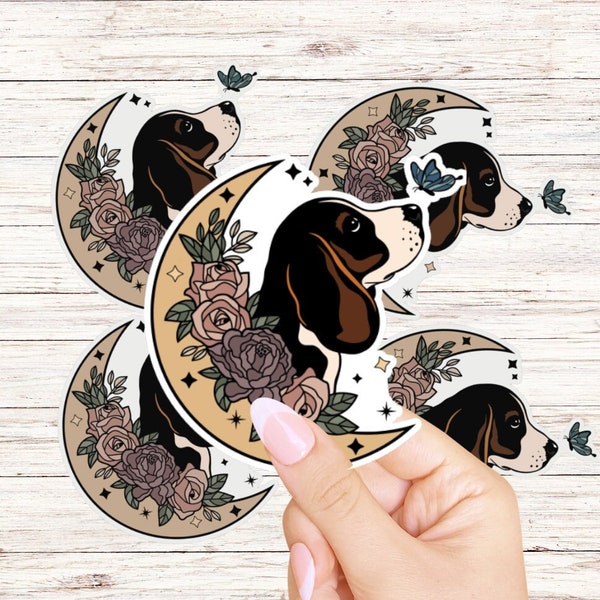 Beagle Moon and Flower 3"x3" Glossy Sticker
