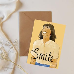 Donna sorridente che ride - Biglietto d'auguri illustrato fatto a mano - Compleanno o tutte le occasioni