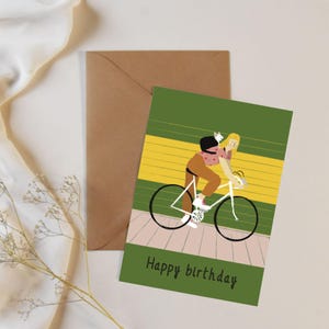 Fille avec chien sur vélo - Carte de vœux illustrée faite à la main - Anniversaire ou toutes occasions