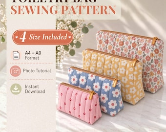 Quilted Makeup Bag Pattern | Toiletry Bag | 4 SIZES | Zippered Pouch | Travel Cosmetic Bag | Printable Sewing Pattern