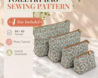 May include: Four toiletry bags in graduated sizes, featuring a light green fabric with a small floral pattern and gold-tone zippers. The image includes text: TOILETRY BAG SEWING PATTERN, 4 Size Included, A4 + A0 Format, Photo Tutorial, Instant Download.