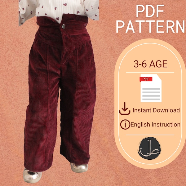 Kids Pants PDF Pattern, High Waist Kids Pants model, PDF Sewing Pattern for Kids Pants, Fashionable children's trousers sewing model,3-6 YRS