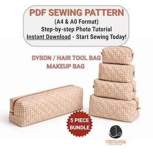 Kit de costura em PDF para nécessaire acolchoada e bolsa de maquiagem | Bolsa para aspirador Dyson Airwrap/Airstrait | Estojo com zíper | Necessaire de viagem