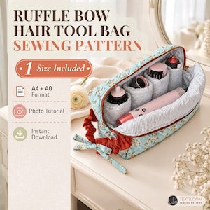 Hair Tool Bag Pattern, Zipper Pouch, Ruflle Makeup Bag Pattern, Quilted Organizer, Instant Download,