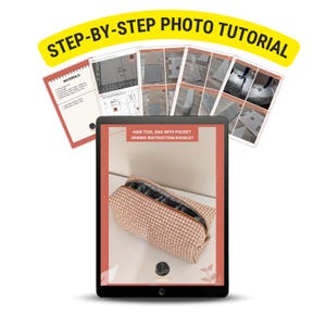 May include: A digital tablet displays a hair tool bag with pocket sewing instruction booklet. The bag is a tan and brown checkered pattern. The image is part of a step-by-step photo tutorial. Additional pages with instructions and materials are also visible.