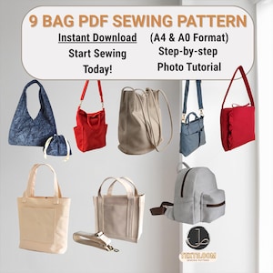 Può includere: Nove diversi modelli di cucito per borse in formato PDF. I modelli includono una borsa tote, uno zaino, una borsa hobo e altro ancora. L'immagine mostra le borse finite in vari colori e tessuti. Il testo sull'immagine recita "9 BAG PDF SEWING PATTERN", "Download immediato (formato A4 e A0)", "Inizia a cucire oggi!" e "Tutorial fotografico passo dopo passo".
