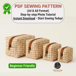 Wzór PDF na pikowaną, pudełkową kosmetyczkę | 4 ROZMIARY | Torebka na zamek | Kosmetyczka | Przyjazna dla początkujących | Natychmiastowe pobranie | Organizator podróży