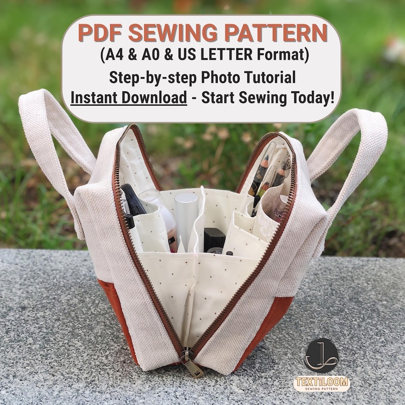 May include: A beige and rust-coloured zippered bag with handles, open to reveal interior pockets and contents. The bag has a brown zip and is labelled "PDF SEWING PATTERN" with instructions for instant download.