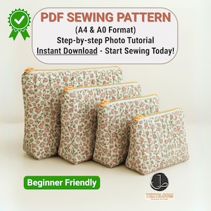 Gesteppte Kulturtasche Schnittmuster 4 GRÖSSEN | Mäppchen | Kosmetiktasche PDF Pattern | Anfängerfreundlich |Sofortiger Download|Reise-Organizer