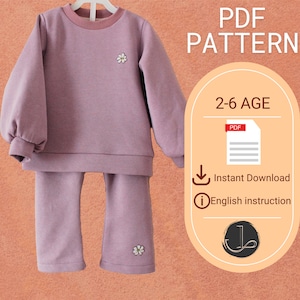 Felpa con maniche a palloncino per bambini e pantaloni della tuta a campana Bundle/modelli di cucito per set da jogging per bambine/modello di cucito per pantaloni a zampa d&#39;elefante