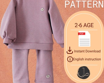 Baloon Sleeve Kids Sweatshirt and Bell Sweatpants Bundle/jogging sets sewing patterns for toddler girls/Bell bottom pants sewing pattern