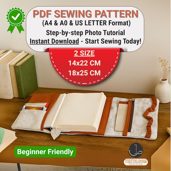 Book Cover Organizer Sewing Pattern | 2 SIZE | Book Sleeve with Zipper & Pockets | Gift for Teacher | Instant Download | PDF Pattern