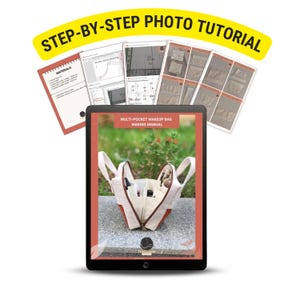 May include: A tablet showing a multi-pocket makeup bag making manual, with step-by-step photo tutorial instructions. The bag is beige and brown. Additional pages with diagrams and instructions are visible, along with a materials list.