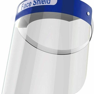 May include: A clear plastic face shield with a blue headband. The headband has the words "Face Shield" printed on it.