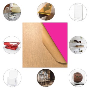 May include: A variety of clear acrylic sheets in different sizes and shapes. The sheets are shown on a brown background with a pink sheet partially covering the brown sheet.