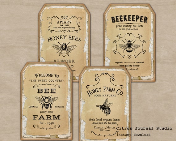 みーページ Honey Bee Tags, Bee Labels, Bees Ephemera, Junk Journal Kit