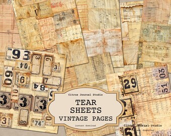 Op de afbeelding: Een digitale collage van vintage papiertexturen met nummers en tekst. De papieren zijn in tinten bruin, beige en crème. De tekst omvat "Tear Sheets Vintage Pages" en "Citrus Journal Studio".