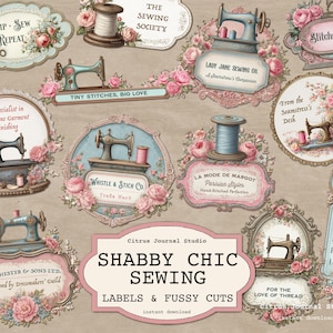 Étiquette à coudre, roses shabby chic éphémères, étiquettes shabby chic, coupes difficiles à la machine à coudre, éphémères imprimables, étiquette vintage
