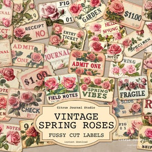 Etykiety do dziennika wiosennego, etykiety do dziennika vintage junk, kwiatowe wycięcia, etykiety vintage rose, wiosenne efemerydy, efemerydy do dziennika, etykiety kwiatowe