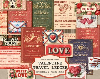 Valentine Vintage Travel Ephemera, Romantic Cupid Junk Journal, Boarding Pass Tickets, Roses Fussy Cuts