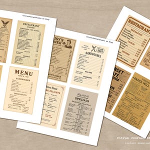Peut inclure: Plusieurs menus de restaurant vintage imprim&eacute;s sur du papier vieilli. Les menus pr&eacute;sentent diff&eacute;rentes polices et mises en page, avec des titres tels que "Petit-d&eacute;jeuner", "D&eacute;jeuner" et "D&icirc;ner". Certains menus incluent des illustrations.
