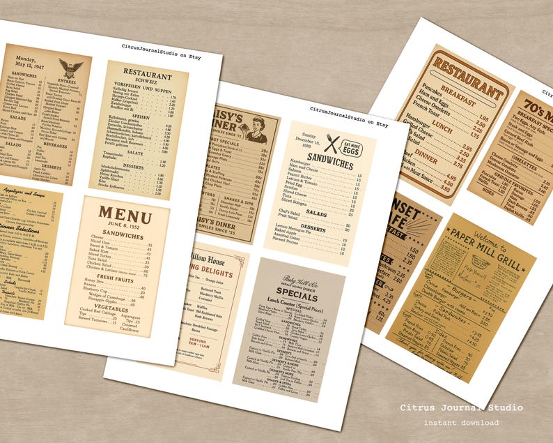 Peut inclure: Plusieurs menus de restaurant vintage imprim&eacute;s sur du papier vieilli. Les menus pr&eacute;sentent diff&eacute;rentes polices et mises en page, avec des titres tels que "Petit-d&eacute;jeuner", "D&eacute;jeuner" et "D&icirc;ner". Certains menus incluent des illustrations.