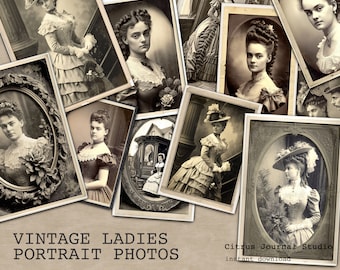 Puede incluir: Una colección de fotografías vintage en blanco y negro de mujeres en varias poses. Las fotos están dispuestas en formato de collage y presentan mujeres con diferentes estilos de ropa y peinados. Las fotos están etiquetadas como "Vintage Ladies Portrait Photos" y "Citrus Journal Studio" con el texto "descarga instantánea".