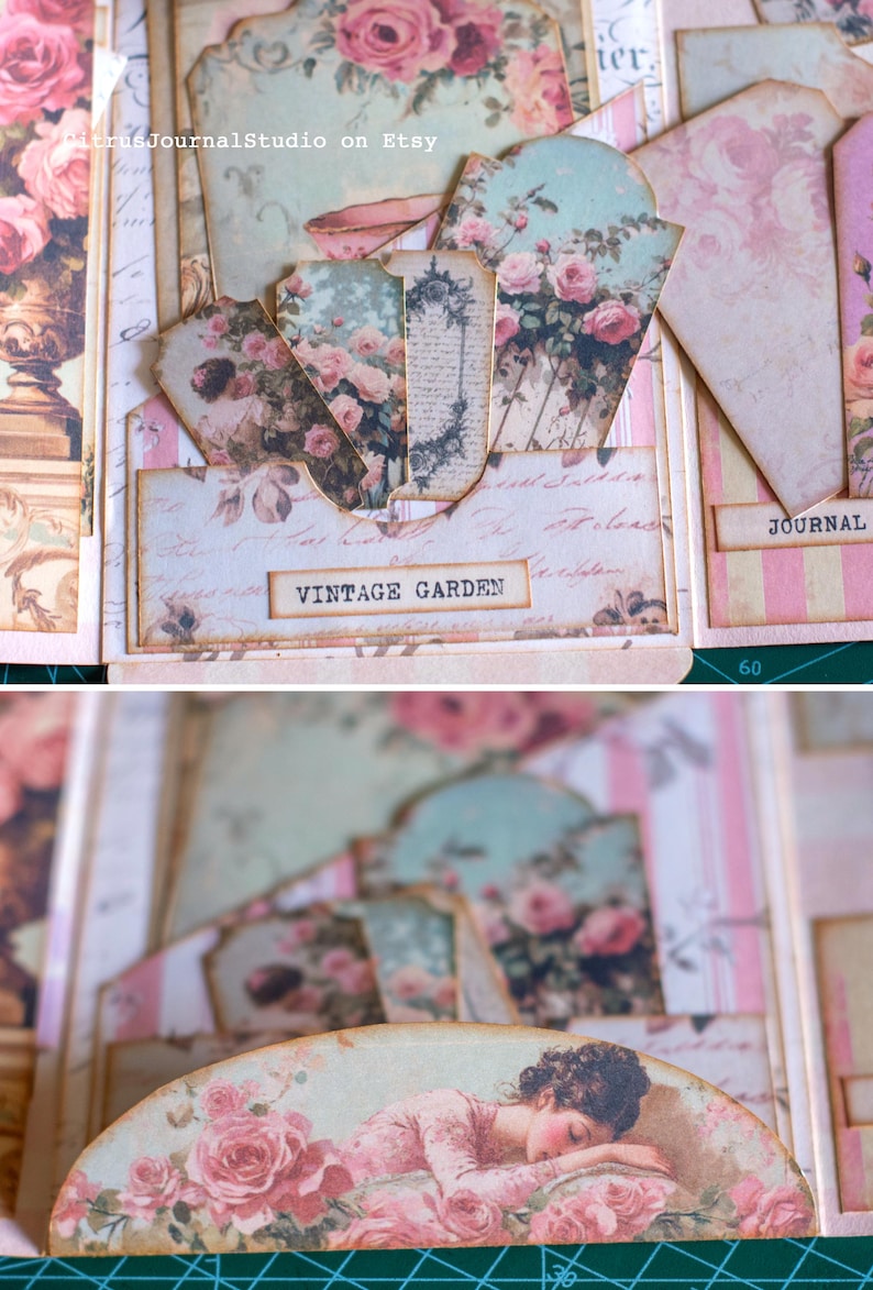 Pu&ograve; includere: Un diario in stile vintage a tema floreale. Il diario presenta vari tag e inserti adornati con rose e illustrazioni botaniche. Il testo "VINTAGE GARDEN" &egrave; visibile su un'etichetta. La tavolozza dei colori comprende rosa, verde e crema.