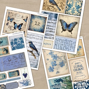 May include: A digital collage sheet with blue and white images, including butterflies, birds, flowers, musical notes, and vintage labels. The sheet is designed for scrapbooking, journaling, and other paper crafts.