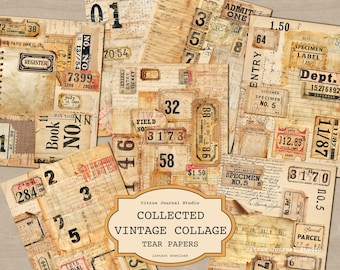 Vintage Tear Pages, Collage Junk Journal, Printable Grunge Numbers, Paper Background