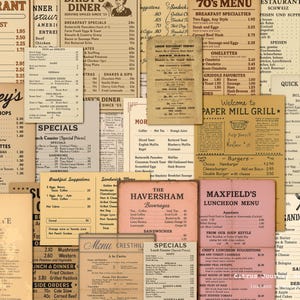 Peut inclure: Un collage de menus de restaurants anciens avec diff&eacute;rentes polices et mises en page. Les menus proposent des options pour le petit-d&eacute;jeuner, le d&eacute;jeuner et le d&icirc;ner, notamment des steaks, des omelettes, des sandwichs et des plats du jour. La palette de couleurs est principalement beige, marron et rose.