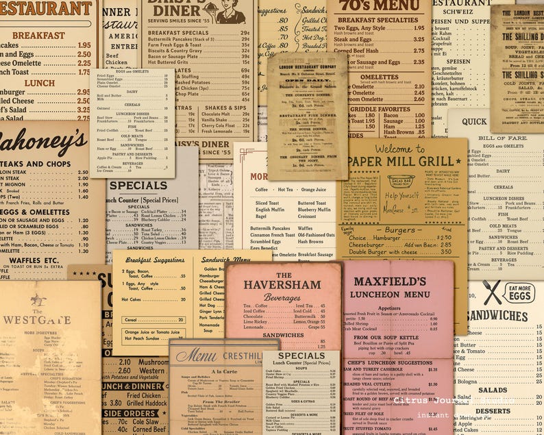 Peut inclure: Un collage de menus de restaurants anciens avec diff&eacute;rentes polices et mises en page. Les menus proposent des options pour le petit-d&eacute;jeuner, le d&eacute;jeuner et le d&icirc;ner, notamment des steaks, des omelettes, des sandwichs et des plats du jour. La palette de couleurs est principalement beige, marron et rose.