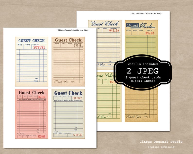Guest Check Ephemera, Junk Journal Ephemera, Journal Insert, Vintage ...