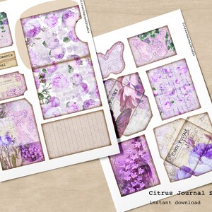 May include: Printable digital paper pack with purple floral and butterfly designs. The pack includes a variety of elements, including envelopes, labels, and journal cards. The text "cherish moments journal" is included on one of the labels.