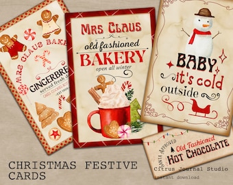 May include: Christmas festive cards with vintage designs. One card reads "Mrs. Claus Bakery" with gingerbread cookies and candy canes. Another says "Baby it's cold outside" with a snowman and sleigh. A third card advertises "Old Fashioned Hot Chocolate."