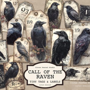 May include: A selection of vintage-style tags and labels, each adorned with illustrations of ravens. The tags have a distressed, aged look, with numbers and text. The central label reads "CALL OF THE RAVEN, TINY TAGS & LABELS".