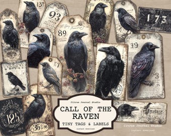 Raven Halloween Tags Printable – Vintage Gothic Journal Ephemera (Digital Download)