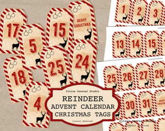 Christmas Advent Calendar, Junk Journal, Holiday Numbers, Christmas Calendar, Reindeer Tags, December Daily, Christmas Countdown Numbers