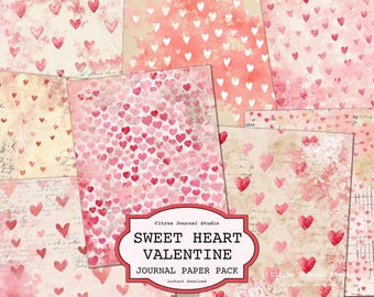 Sweet Heart Valentines Day Junk Journal, Romantic Digital Background Paper Pack