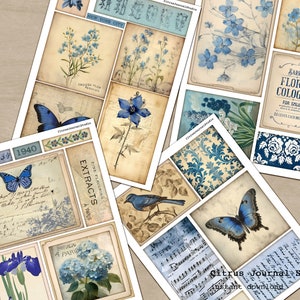 May include: A digital collage sheet with blue and white floral designs, butterflies, and text. The sheet includes images of flowers, butterflies, and text such as "New York City", "Fine Flavoring Extracts", "A Paris", and "Barry's Floral Cologne".