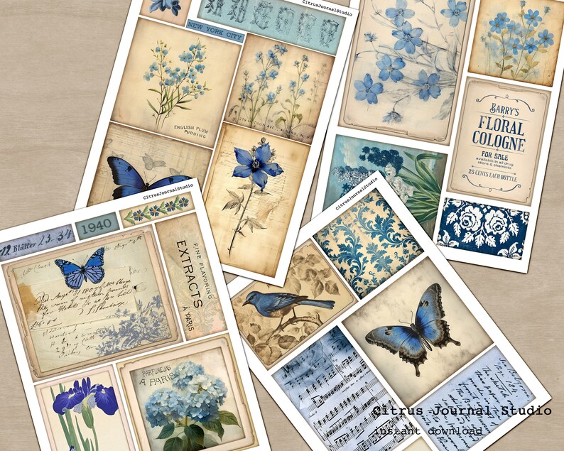 May include: A digital collage sheet with blue and white floral designs, butterflies, and text. The sheet includes images of flowers, butterflies, and text such as "New York City", "Fine Flavoring Extracts", "A Paris", and "Barry's Floral Cologne".