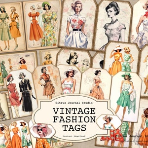 ヴィンテージ ファッション タグ、裁縫タグ、ファッション イラスト、70 年代ファッション、ジャンク ジャーナル タグ、ヴィンテージ レディース、デジタル タグ、印刷可能なタグ、ドレス