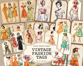 May include: Vintage fashion tags featuring illustrations of women in various styles and dresses. The tags are decorated with a brown border and have the text "Citrus Journal Studio Vintage Fashion Tags Instant Download" printed on them.