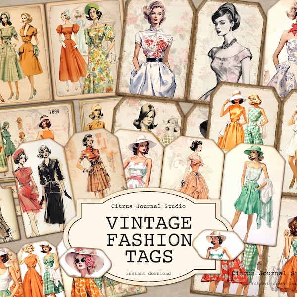 Vintage Fashion Tags, Sewing Tags, Fashion Illustration, 70s Fashion, Junk Journal Tags, Vintage Women, Digital Tags, Printable Tags, Dress