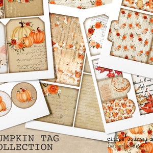 Pumpkin Junk Journal, Pumpkin Tags, Pocket Tags, Collage Sheet, Journal Tags, Ephemera, Embellishment, Digital Kit, Autumn Tags, Fall Tags