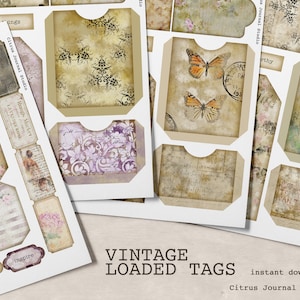 Loaded Tags, Junk Journal Kit, Journal Insert, Collage Sheet, Pocket Tags, Journal Tag, Ephemera, Vintage Tags, Butterfly, Embellishments