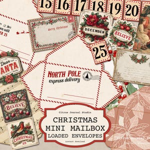 Christmas Mini Envelopes & Tags, Santa Mail Vintage Ephemera, Reindeer Express Loaded Envelopes, Special Delivery Holiday Junk Journal