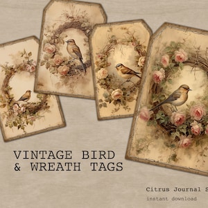 Vintage vogel, bloemen krans, vintage rozen, Journal Inserts, Shabby Chic Tags, Junk Journal, neutrale Journal Tags, Rose Tags, digitale tags,
